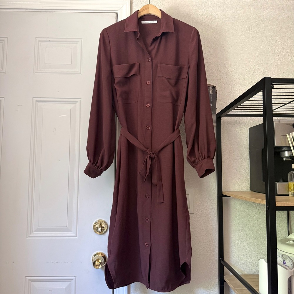 SAMSOE SAMSOE plum burgundy purple button up belted long sleeve midi shirt dress